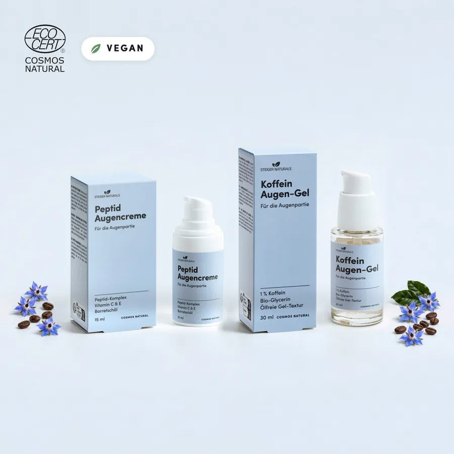 Augen-Routine von Steiger Naturals: Peptid Augencreme 15 ml und Koffein Augen-Gel 30 ml