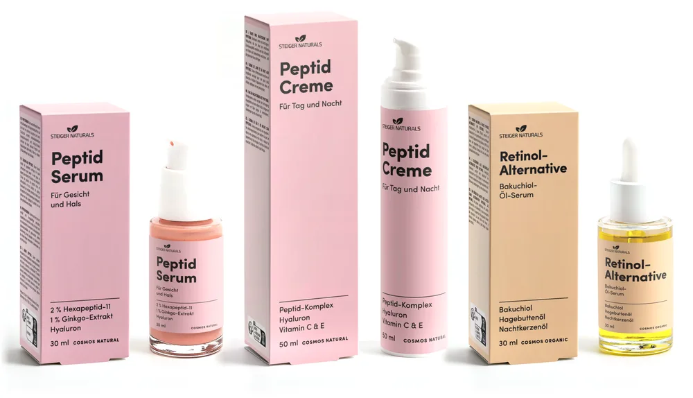 Longevity-Trio: Peptid Serum 30 ml, Peptid Creme 50 ml und Retinol-Alternative Öl-Serum 30 ml
