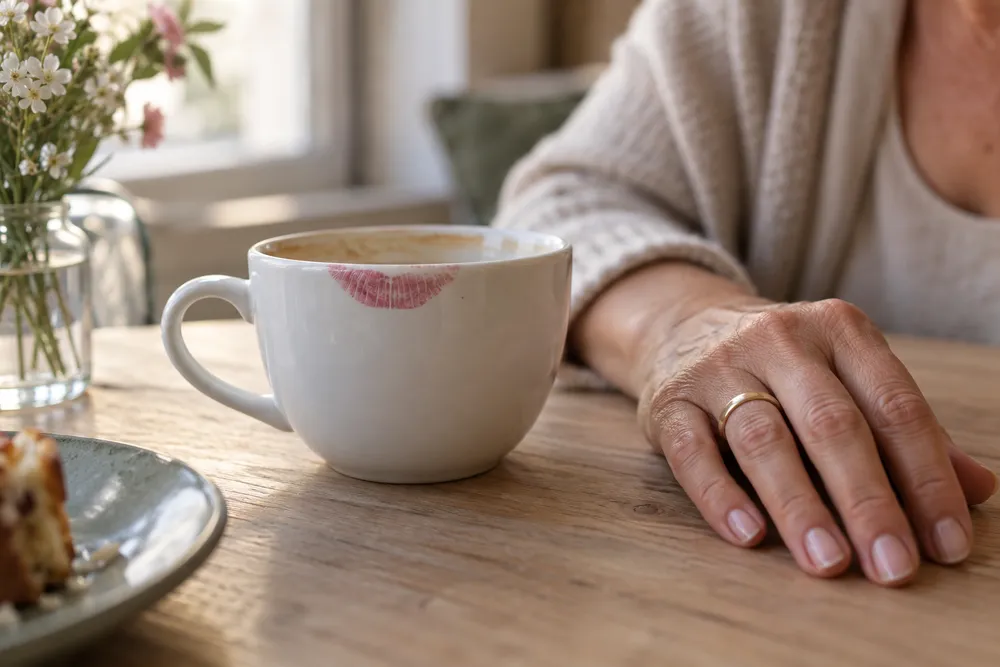 Kaffeetasse mit Lippenstiftabdruck neben der Hand einer Frau