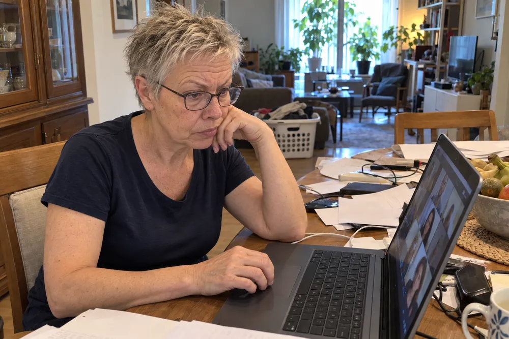 Frau mit Lesebrille runzelt am Esstisch vor dem Laptop die Stirn
