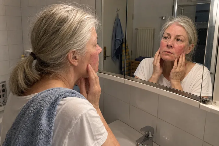 Frau mit silbernem Zopf betrachtet im Badezimmerspiegel ihre geröteten Wangen